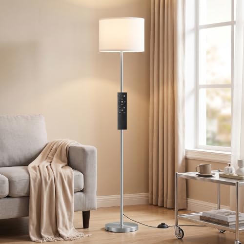 Dimmable Floor Lamp for Living Room with Remote, 9W 900LM LED Bulb Included, White Shade Silver Pole - color: silver & white