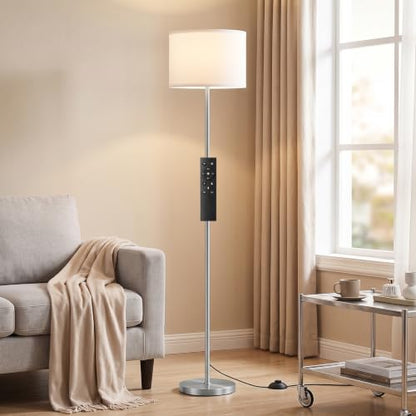 Dimmable Floor Lamp for Living Room with Remote, 9W 900LM LED Bulb Included, White Shade Silver Pole - color: silver & white