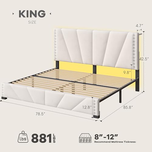 EnHomee King Size Bed Frame with Velvet Headboard, LED Lights & USB, Beige | Adjustable Velvet Headboard, Under-Bed Space,Heavy Duty Support with 12 Silent Slats, No Box Spring Needed, Easy Assembly - color: Beige, size: King (U.S. Standard)