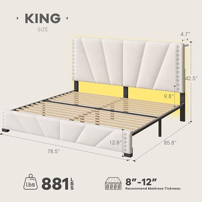 EnHomee King Size Bed Frame with Velvet Headboard, LED Lights & USB, Beige | Adjustable Velvet Headboard, Under-Bed Space,Heavy Duty Support with 12 Silent Slats, No Box Spring Needed, Easy Assembly - color: Beige, size: King (U.S. Standard)