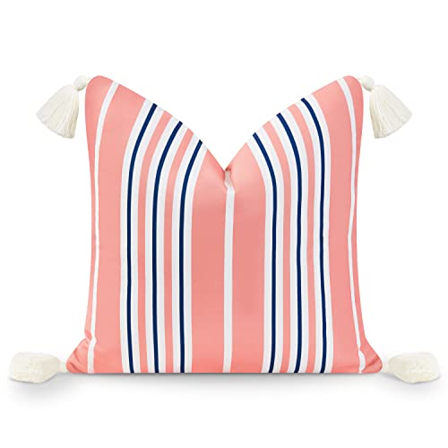 Hofdeco Premium Coastal Patio Indoor Outdoor Throw Pillow Cover Only, 18"x18" Water Resistant for Backyard, Couch, Coral Pink Navy Blue Stripe Tassel - color: Coral Pink Striped 18"x18"