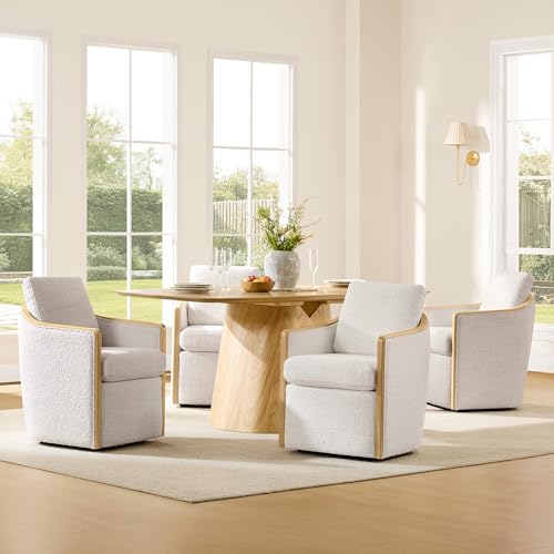 CHITA Upholstered Dining Chairs Set of 4 with Hidden Casters, Pearl | Fully Assembled Modern Dining Chair with Backrest & Wood Armrest, Chenille Barrel Chairs for Dining Room, Kitchen Chairs - color: Pearl, size: set of 4