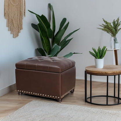 Faux Leather Storage Ottoman Bench Rectangle 24 Inch Foot Rest Ottomans (Brown) - color: Brown