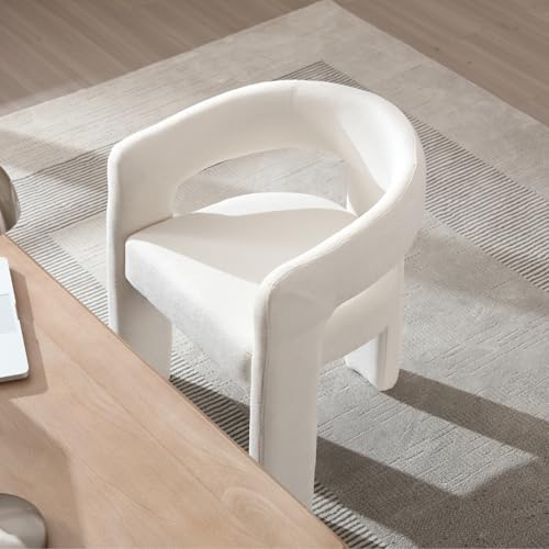 HNY Modern Chenille Barrel Single Dining Chair, White | Upholstered Accent Armchair With 18.32" Wide Seat No Assembly Required For Living Room Bedroom Vanity Small Spaces - color: White Chenille