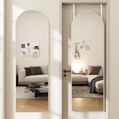48"x 14" Arched Full Length Door Mirror, Full Body Mirror, White | Aluminum Alloy Thin Frame Over the door Mirror, Leaning/Hanging/Wall-Mounted, Suitable for Bedroom, Livingroom, Cloakroom - color: White-arched, size: 48"L x 14"W