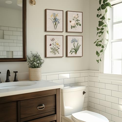 Framed Vintage Floral Botanical Wall Art for Bathroom, 4 Piece 8x10 In | Farmhouse wall decor, Flower pictures, Rustic retro paintings, Ready to hang canvas prints, Kitchen bedroom home decor - color: Floral - Walnut Framed, size: 8" W x 10" H x 4 pcs