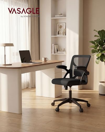 VASAGLE Office Chair, Ergonomic Mesh with Adjustable Lumbar Support | Computer desk chair with 90-105° tilt function, wide seat, flip-up armrests, Ink Black UOBN045BH01S - color: Ink Black, size: Set of 1, style: Office Chair Without Headrest