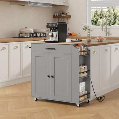 HOOBRO Kitchen Island with Power Outlet, Storage Island with Spice Rack and Drawer, Rolling Kitchen Cart on Wheels, for Home, Dining Room, Natural and Gray GN82UZD01 - color: Natural + Gray