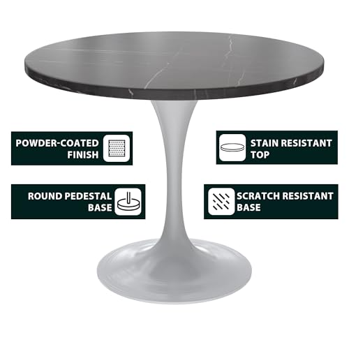 LeisureMod Verve Modern Dining Table with a 36" Round Sintered Stone Tabletop and White Steel Pedestal Base for Kitchen and Dining Room, Black - color: Black Stone, size: 36 inch Wide