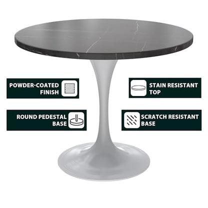 LeisureMod Verve Modern Dining Table with a 36" Round Sintered Stone Tabletop and White Steel Pedestal Base for Kitchen and Dining Room, Black - color: Black Stone, size: 36 inch Wide