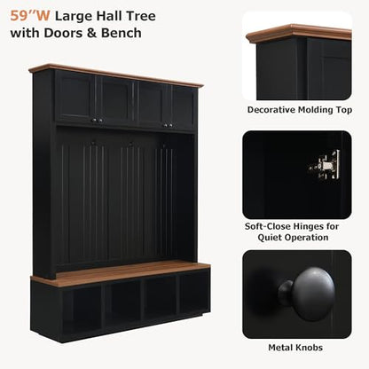 76.7''H Farmhouse Hall Tree with Storage Cabinet & Bench, Black - color: Black, size: 59”W x 15.7”D x 76.7”H