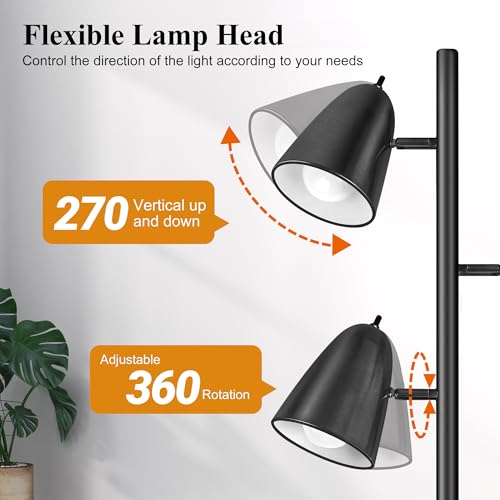 QiMH Tree Floor Lamp with 3 Light Bulbs, Standing Tall Pole Lamps for Living Room Bedroom Office, Reading Stand up Lamps with 3 Adjustable Arms, Black - color: Black
