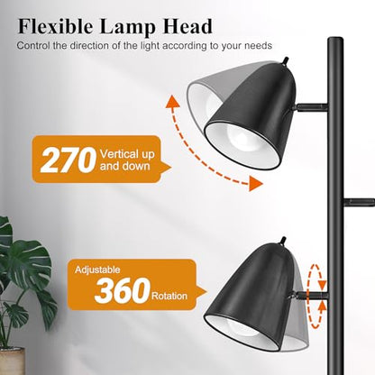 QiMH Tree Floor Lamp with 3 Light Bulbs, Standing Tall Pole Lamps for Living Room Bedroom Office, Reading Stand up Lamps with 3 Adjustable Arms, Black - color: Black