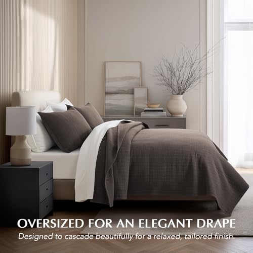 100% Cotton Modern Grid Stitch Quilt Set, Queen Size, Dark Brown | Pre-Washed Cotton Coverlet Bedspread, Oversized Lightweight 3-Piece Bedding Set for All Season, with 2 Pillow Shams - color: Dark Brown, size: Full/Queen (96" X 94")