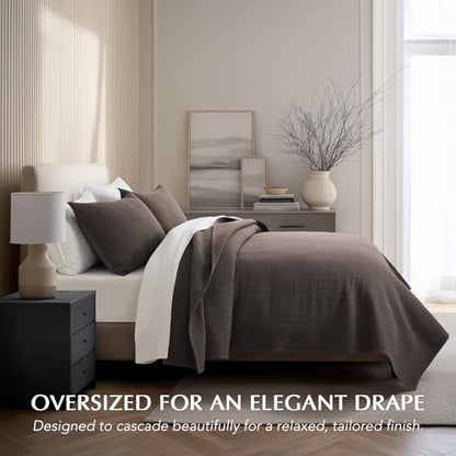 100% Cotton Modern Grid Stitch Quilt Set, Queen Size, Dark Brown | Pre-Washed Cotton Coverlet Bedspread, Oversized Lightweight 3-Piece Bedding Set for All Season, with 2 Pillow Shams - color: Dark Brown, size: Full/Queen (96" X 94")