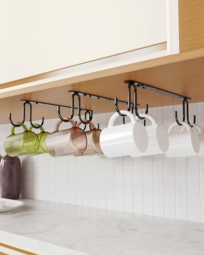 Luckinow Mug Hooks Under Cabinet 3 Pack, Metal Cup Hooks for Hanging Under Shelf, Mug Organizer Rack with 12 Hooks for Displaying Mugs, Coffee Cups and Kitchen Utensils, Black - color: Black
