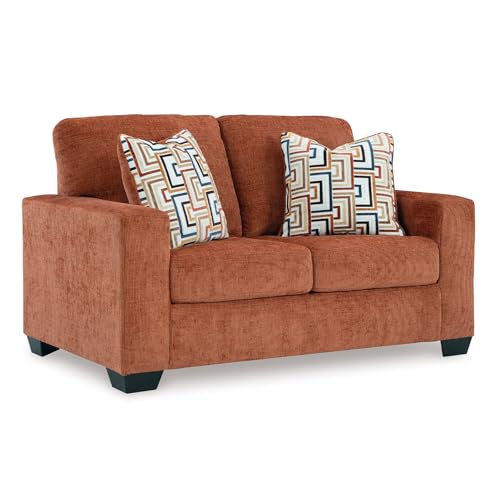 Signature Design by Ashley Loveseat Sofa, Aviemore, Orange Chenille | 32-in doorway clearance, Includes 2 Niko pattern throw pillows, Compact 62-in width, Anti sag platform foundation - color: Spice, style: Loveseat