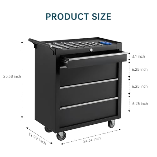 4-Drawer Rolling Tool Chest Cabinet,Portable Tool Storage Cart with Smooth Wheels,Lockable Toolbox Organizer with Drawer Liners,Heavy-Duty Steel Tool Cabinet for Garage and Workshop Use - color: Black, size: 4 Drawers