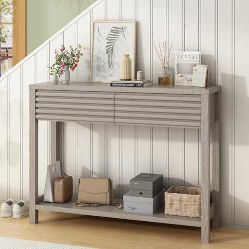 Ludatido Fluted Console Table for Entryway, 40'' Modern Small Entryway Table with Drawers, Storage Shelf, Narrow Wood Sofa Table for Living Room/Bedroom/Hallway Use (Oak Gray)