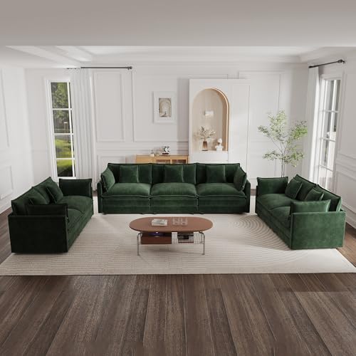 Luxury Oversized 3 Piece Sofa Set, 2 Pieces of 2 Seater and 1 Piece of 3 Seater Sofa, Modern Chenille Comfy Cloud Couches Set with 13 Pillow for Living Room Office, Evergreen - color: Evergreen, size: 3+2+2