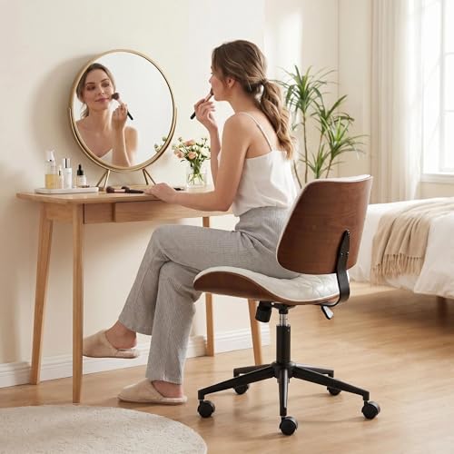 Furnimart Wooden Armless Desk Chair with Wheels, 360° Swivel Faux Leather Vanity Chair for Bedroom, Small Office Computer Task Chair for Home & Compact Spaces (PU White) - color: Pu-white