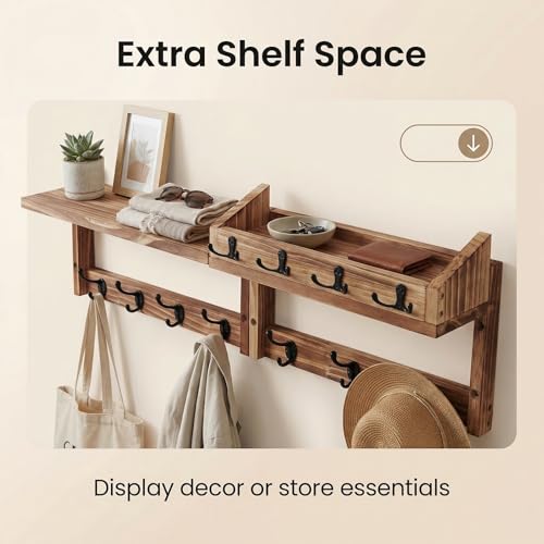 29" Coat Rack Wall Mount with Shelf, 4 in 1 Wall Mounted Coat and Key Hanger with 11 Hooks, Entryway Key Holder with Mail Holder for Living Room, Bedroom - size: 7 Hooks with shelf