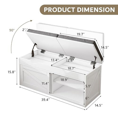 iPormis Shoe Storage Bench,40" Wide 2-Tier Shoe Bench with Padded Seat Cushion and Lift Top Storage,Entryway Bench with Adjustable Shelf,Wooden End of Bed Bench,White - color: Cream White