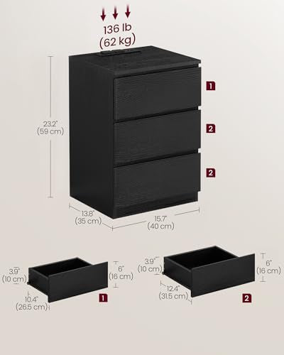 VASAGLE Nightstand with Charging Station, 3 Drawers | Bedside Table, 2 AC Outlets, 2 USB Ports, 15.8 x 13.8 x 23.2 Inches, Ebony Black, KAILYN Collection ULET631B58 - color: Ebony Black, size: 1 PACK, style: 3 Drawer