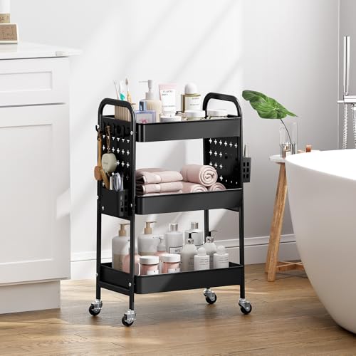KINGRACK 3 Tier Rolling Cart with DIY Pegboard, Metal Utility Cart with Wheels, Hooks & Baskets, Sturdy Storage Organizer for Craft, Bathroom, Kitchen, Office, Nursery, Classroom - color: Black