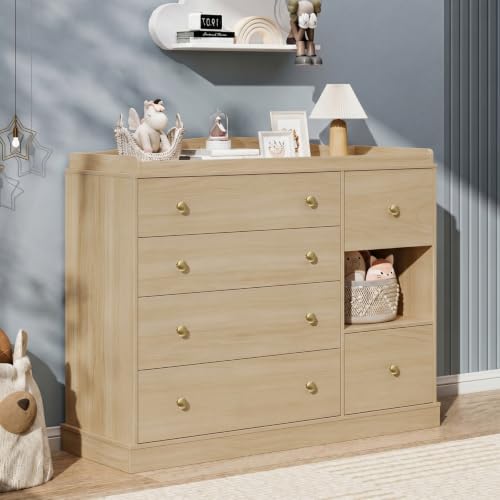 Kids Dresser Cabinet with 6 Drawers, Changing Table for Nursery with Shelf, Multi-Functional Chest of Drawers, Kids Bedroom Furniture, Nightstand for Children's Room, Natural - color: Natural