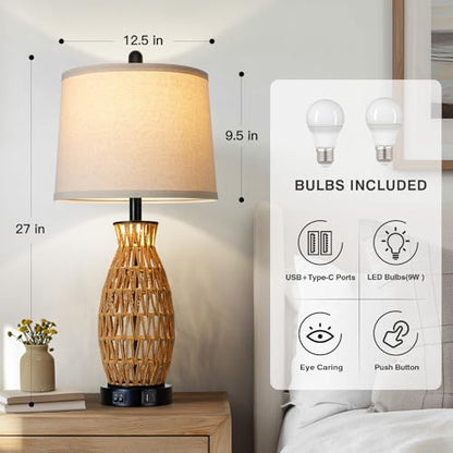 CINSARY 27" Rattan Table Lamps Set of 2 with Night Light, Boho Wicker Bedside Lamp for Bedroom with USB A+C Ports, Coastal Handwoven Woven Nightstand Lamps, Nautical Living Room Lamp for End Table - color: Rattan(2 Pack)