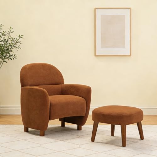 Accent Chair and Ottoman Set, Modern Upholstered Barrel Chair w/Footrest, Small Comfy Armchair Boucle Couch Single Sofa Chair for Living Room Lounge Bedroom Reading Corner, Orange - color: Orange, size: Barrel Chair