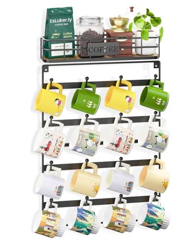 EsLuker.ly Coffee Mug Holder Wall Mounted Display Rack, Black | Metal Cup Hanger Organizer with16 Hooks, Wood Rustic Shelf for Coffee Bar Home Kitchen, Space Saving Wall Storage - style: 16 Hooks with Metal Basket