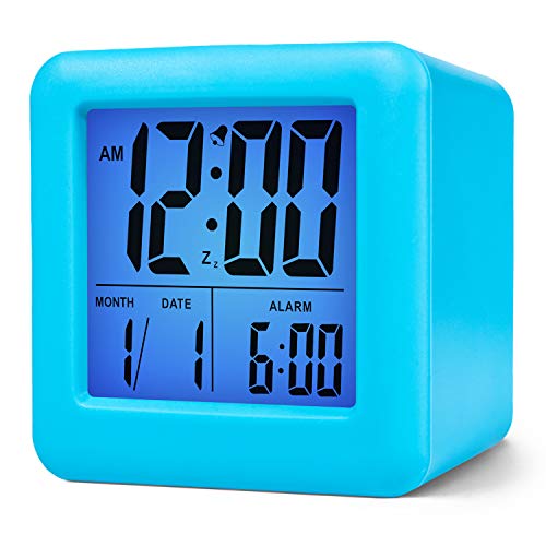 Plumeet Digital Alarm Clock Kids with Snooze and Nightlight - Easy Setting Silicone Clock Display Time, Date - Loud for Bedroom - Battery Powered (Blue) - color: Light Blue