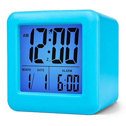 Plumeet Digital Alarm Clock Kids with Snooze and Nightlight - Easy Setting Silicone Clock Display Time, Date - Loud for Bedroom - Battery Powered (Blue) - color: Light Blue