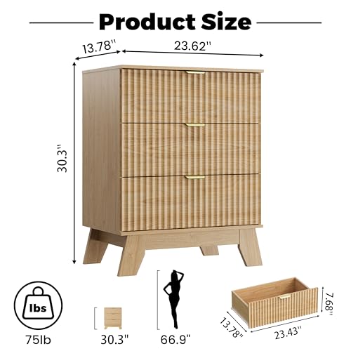 Night Stand Set 2, Bedside Table & End Table, Mid Century Modern Fluted Wood Nightstand with 3 Drawers & Metal Handles, Farmhouse Nightstand for Bedroom, Natural Oak - color: Natural Oak, style: 3 Drawers-2 PCS