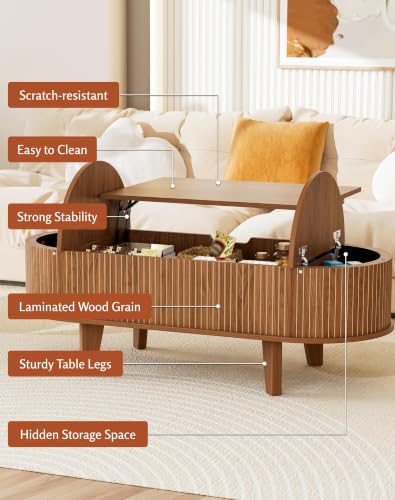 Fluted Oval Lift Top Coffee Table with Storage, 47" Wood Mid Century Modern Coffee Table for Living Room, Walnut - color: Walnut-oval (Flip Top)