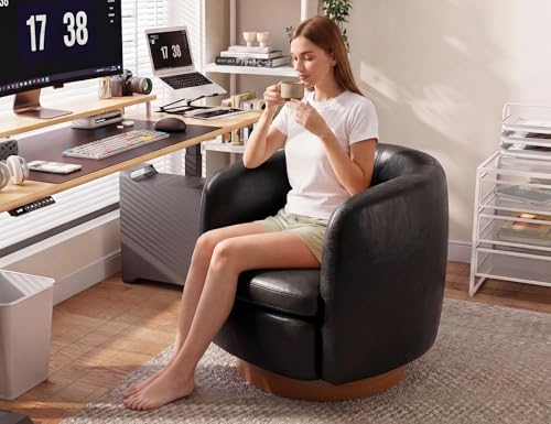 Mistpeople Swivel Barrel Accent Chair, 360° Rotating Small Single Sofa Chair, Upholstered Round Armchair with Solid Wood Base, Modern Comfy Mini Sofa for Living Room, Bedroom, Office, Black