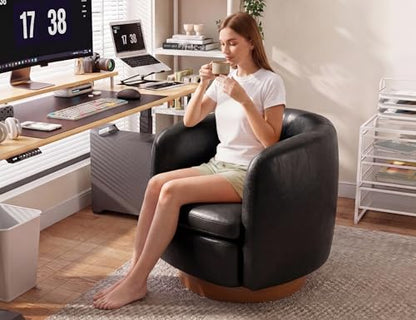 Mistpeople Swivel Barrel Accent Chair, 360° Rotating Small Single Sofa Chair, Upholstered Round Armchair with Solid Wood Base, Modern Comfy Mini Sofa for Living Room, Bedroom, Office, Black