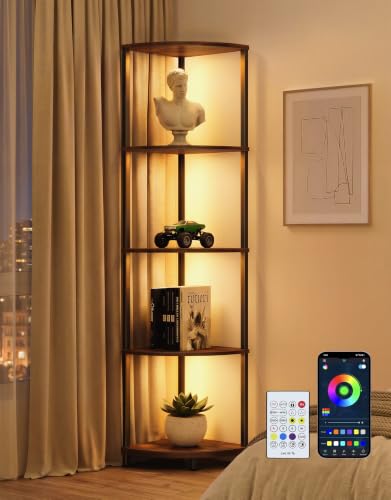Corner Shelf with LED Light, 5 Tier Smart Color Changing Floor Lamp with Remote, 62" Display Shelf Bookshelf Narrow Storage Rack Standing Lamp for Living Room Bedroom Home Office Decor, Brown - color: Rustic Brown