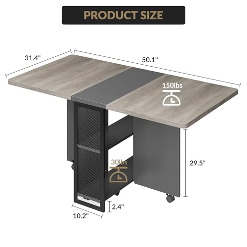 Drop Leaf Table for Small Spaces, Space Saving Folding Dining Table with 6 Wheels, Folding Kitchen Table with 2 Tier Storage Shelves, Foldable Extendable Desk for Apartment, Dining Room