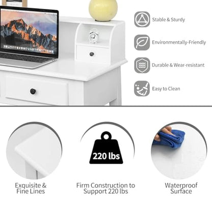 Giantex Writing Desk with 4 Drawers, Removable Floating Organizer 2-Tier Mission Home Computer Vanity Desk for Apartment Small Space, White - color: White