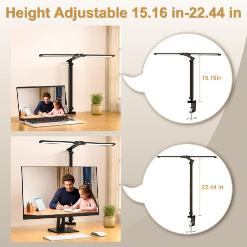 LED Desk Lamp for Office Home, Architect Desk Light with Clamp, Black | Height Adjustable Eye Caring Stepless Dimming Desk Lamp for Reading, Study, Workbench, 50 Lighting Models
