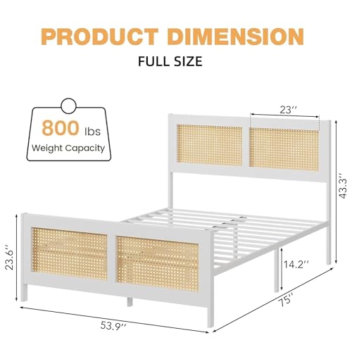 GarveeHome Rattan Full Size Bed Frame with Headboard, White | Boho Bed Frame with Strong Metal Slat, Noise Free, No Box Spring Needed - color: White/Natural, size: Full (No Drawers)