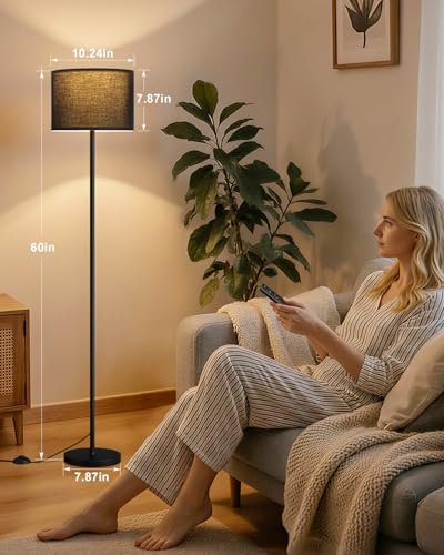 Dimmable Floor Lamp for Living Room with Remote, 9W 900LM LED Bulb Included, Black Shade Black Pole - color: black & soft black
