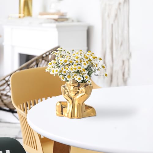 Gold Ceramic Human Face Decorative Vase - Shy Posture Modern Art Desktop Display for Bookshelf, Living Room, Office, Bedroom - style: Golden Hands on Cheeks