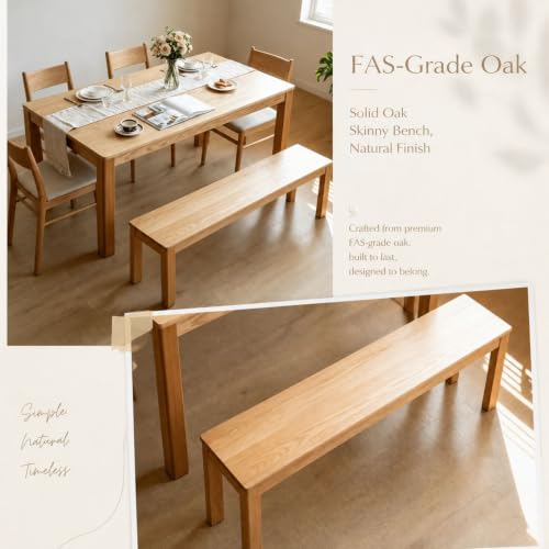 47" Solid Oak Narrow Dining Bench - Natural Finish, for Kitchen & Dining Room, Space-Saving Wooden Seat for Entryway, Bedroom, and Hallway - size: 47 Inch（Square corners)