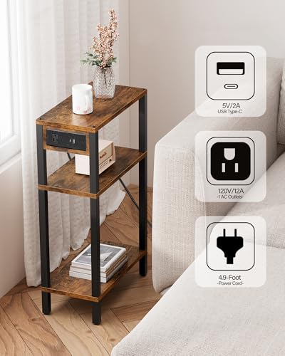 TUTOTAK Narrow Side Table, 3-Tier Small End Table with Charging Station | Skinny Sofa Table, Slim Nightstand, Easy Assembly for Living Room, Bedroom, Brown TB01BB079 - color: Brown, size: 3-tier
