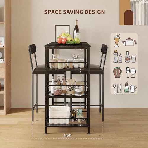 GarveeLife Dining Table Set for 2, Counter Height Bar Table Set with Storage ＆ Stools, High Top Pub Table and Chairs for Kitchen, Dining Room, Sofa Side, Apartment, Breakfast Nook - color: Black