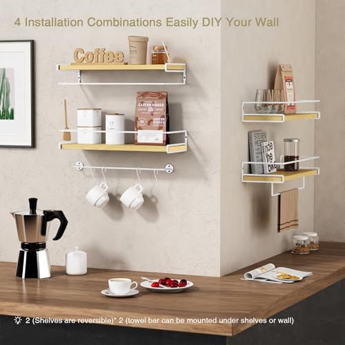 Forbena Natural Wood Bathroom Floating Shelves for Wall Set of 2, Light Wood Wall Shelves with Rail for Bathroom Nursery Office (Natural Wood and White) - color: 9. Natural Wood